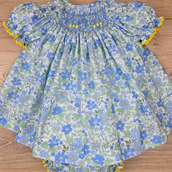 Baby Girl Floral Smocked Dress Set - Blue and Green Cotton Dress with Matching Bloomers